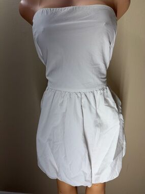 Smocked Strapless White Bubble-Hem Mini Dress